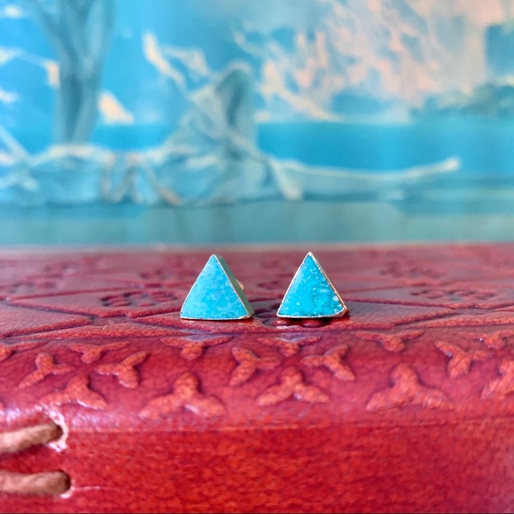 Genuine Turquoise 14k Plated Gold Triangle Studs - Picture 7 of 8
